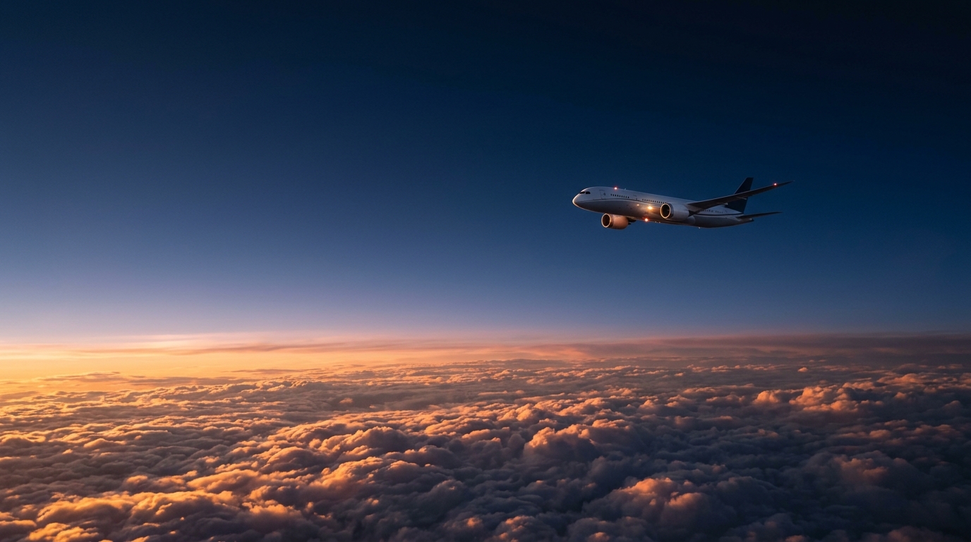 Sleek commercial airplane in clouds